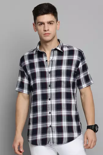 Showoff men's short sleeves tartan checks navy blue shirt