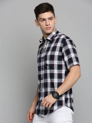 Showoff men's short sleeves tartan checks navy blue shirt 3