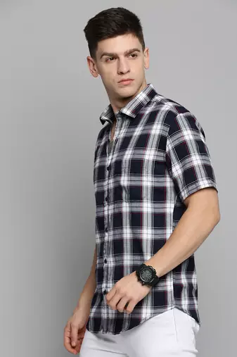 Showoff men's short sleeves tartan checks navy blue shirt