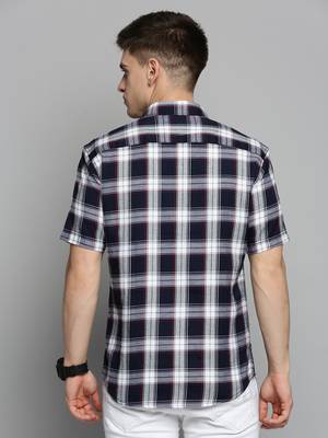 Showoff men's short sleeves tartan checks navy blue shirt 4
