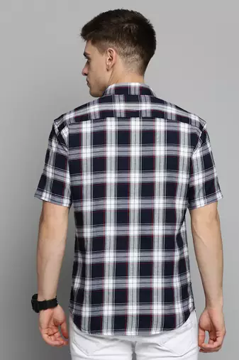 Showoff men's short sleeves tartan checks navy blue shirt