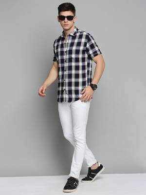 Showoff men's short sleeves tartan checks navy blue shirt 5