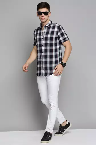 Showoff men's short sleeves tartan checks navy blue shirt