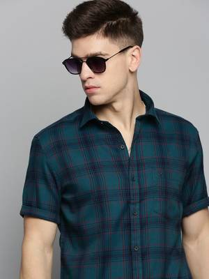 men's short sleeves checked teal shirt 1