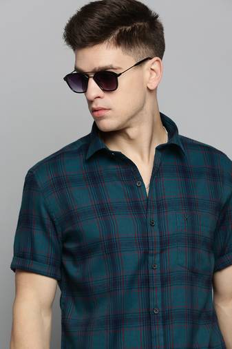 men's short sleeves checked teal shirt