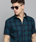 men's short sleeves checked teal shirt