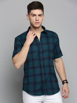 men's short sleeves checked teal shirt 2