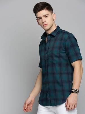 men's short sleeves checked teal shirt 3