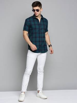 men's short sleeves checked teal shirt 5