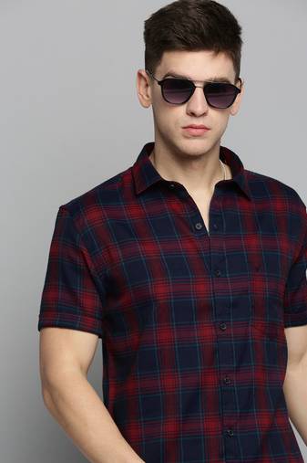 Showoff men's short sleeves tartan checks navy blue shirt