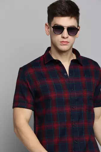 Showoff men's short sleeves tartan checks navy blue shirt