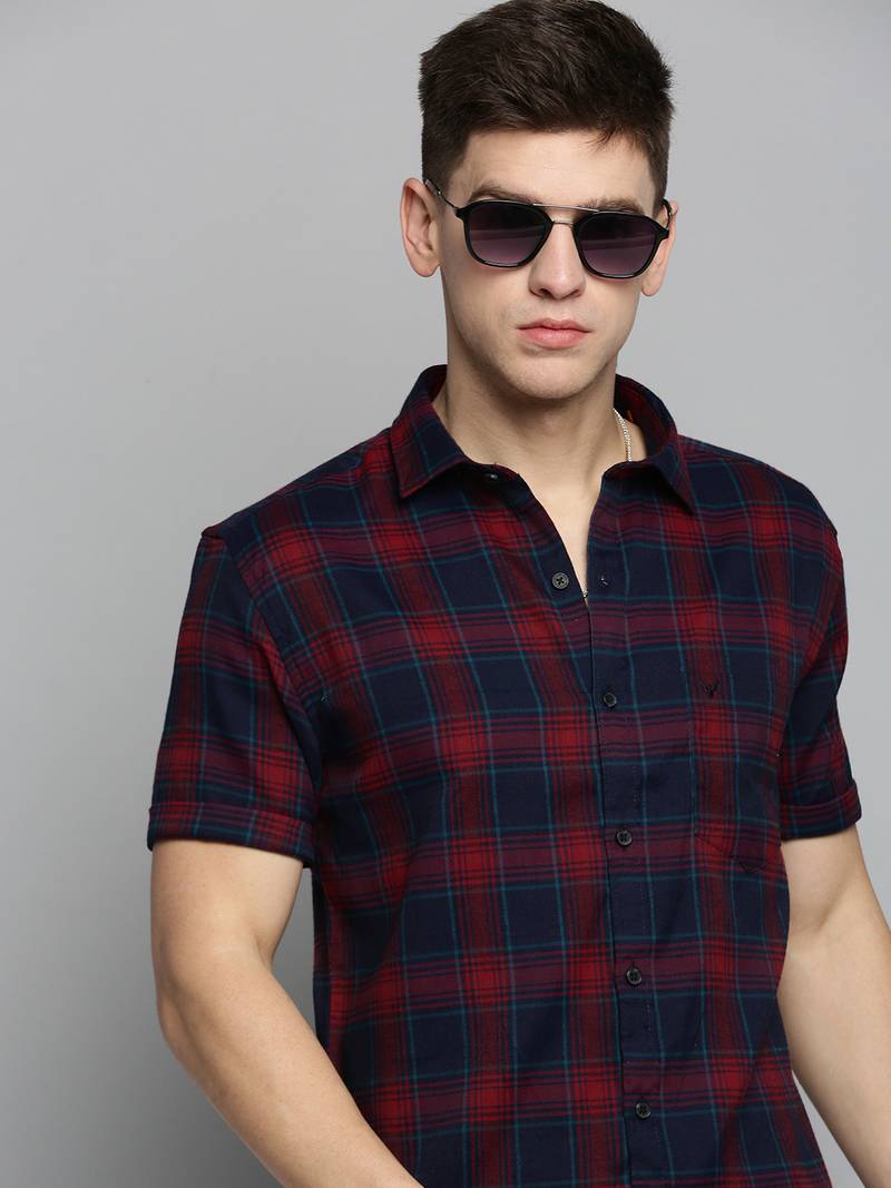 Showoff men's short sleeves tartan checks navy blue shirt