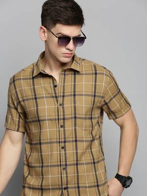 Showoff men's short sleeves checked khaki shirt 1