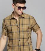 Showoff men's short sleeves checked khaki shirt