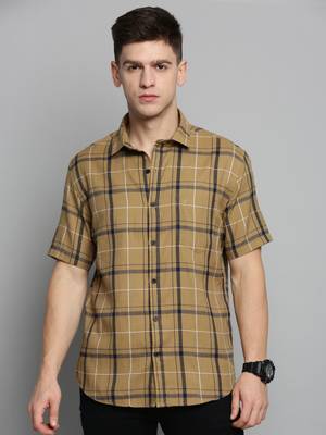 Showoff men's short sleeves checked khaki shirt 2