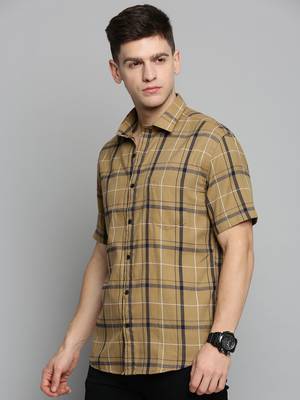 Showoff men's short sleeves checked khaki shirt 3