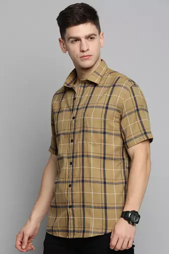 Showoff men's short sleeves checked khaki shirt