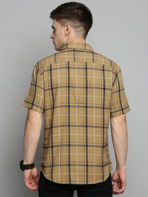 Showoff men's short sleeves checked khaki shirt 4