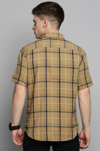 Showoff men's short sleeves checked khaki shirt