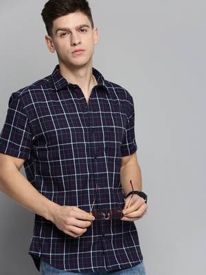 Showoff men's short sleeves checked navy blue shirt 1