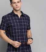 Showoff men's short sleeves checked navy blue shirt