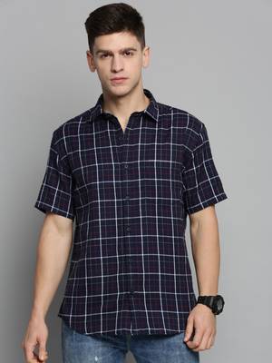 Showoff men's short sleeves checked navy blue shirt 2