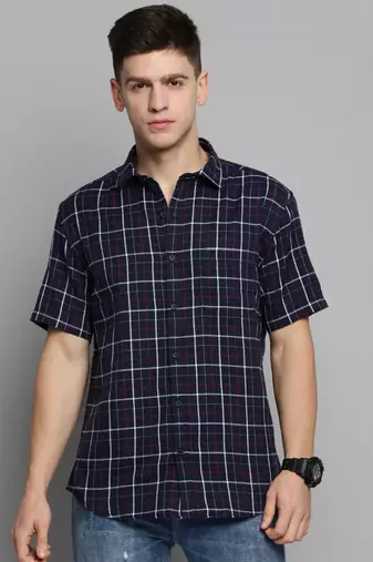 Showoff men's short sleeves checked navy blue shirt