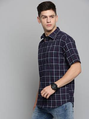 Showoff men's short sleeves checked navy blue shirt 3