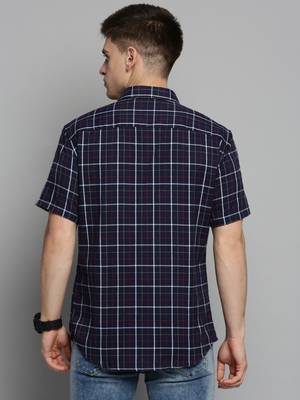 Showoff men's short sleeves checked navy blue shirt 4