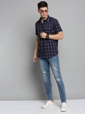 Showoff men's short sleeves checked navy blue shirt 5