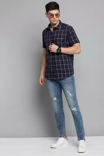Showoff men's short sleeves checked navy blue shirt