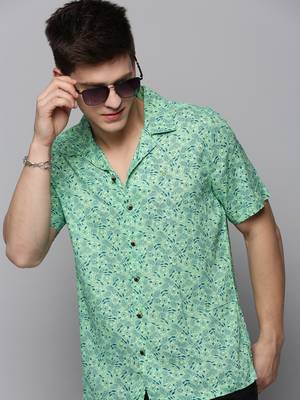 men's short sleeves floral green shirt 1