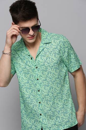 men's short sleeves floral green shirt