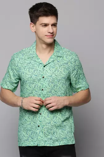 men's short sleeves floral green shirt