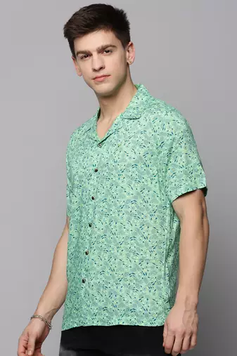 men's short sleeves floral green shirt