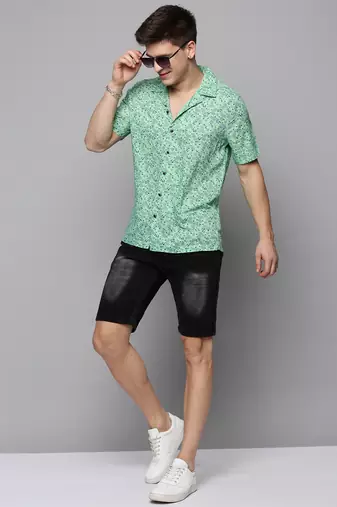 men's short sleeves floral green shirt