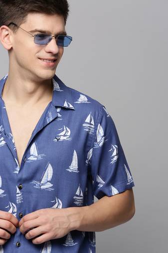 men's short sleeves conversational blue shirt