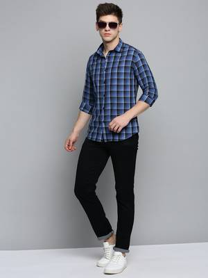 men's long sleeves checked blue shirt 5