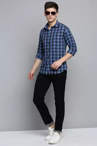 men's long sleeves checked blue shirt