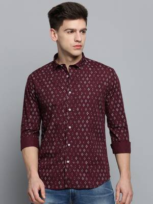 Showoff men's long sleeves geometric maroon shirt 2