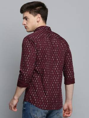 Showoff men's long sleeves geometric maroon shirt 4