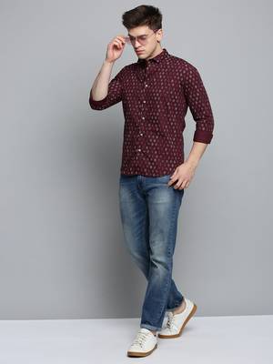 Showoff men's long sleeves geometric maroon shirt 5