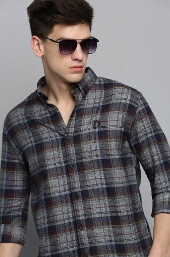 Showoff men's long sleeves tartan checks grey shirt