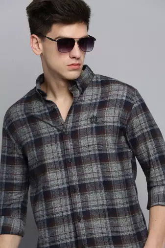 Showoff men's long sleeves tartan checks grey shirt