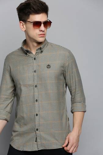 men's long sleeves gingham checks cream shirt