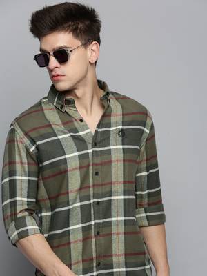 Showoff men's long sleeves tartan checks olive shirt 1