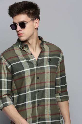 Showoff men's long sleeves tartan checks olive shirt