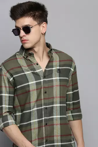 Showoff men's long sleeves tartan checks olive shirt