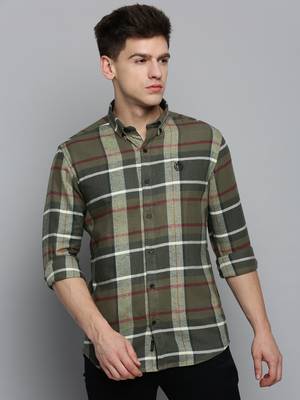 Showoff men's long sleeves tartan checks olive shirt 2