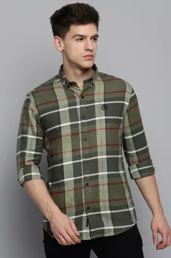 Showoff men's long sleeves tartan checks olive shirt